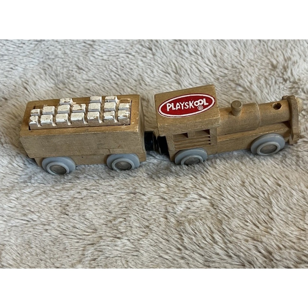 Playskool Natural Wood Engine Magnetic Cargo Car Train Set 2 Lot 3" Length Read